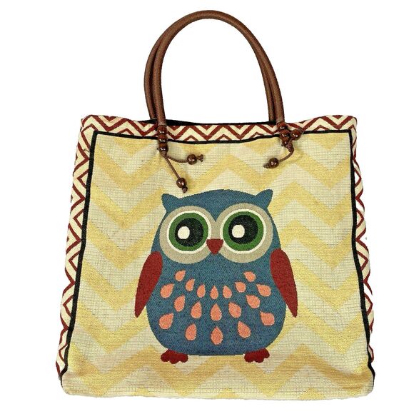 Vintage Owl Canvas Hand Bag Women's Large 18 x 15 x 5 Knitting Shoulder Bag - Picture 1 of 13